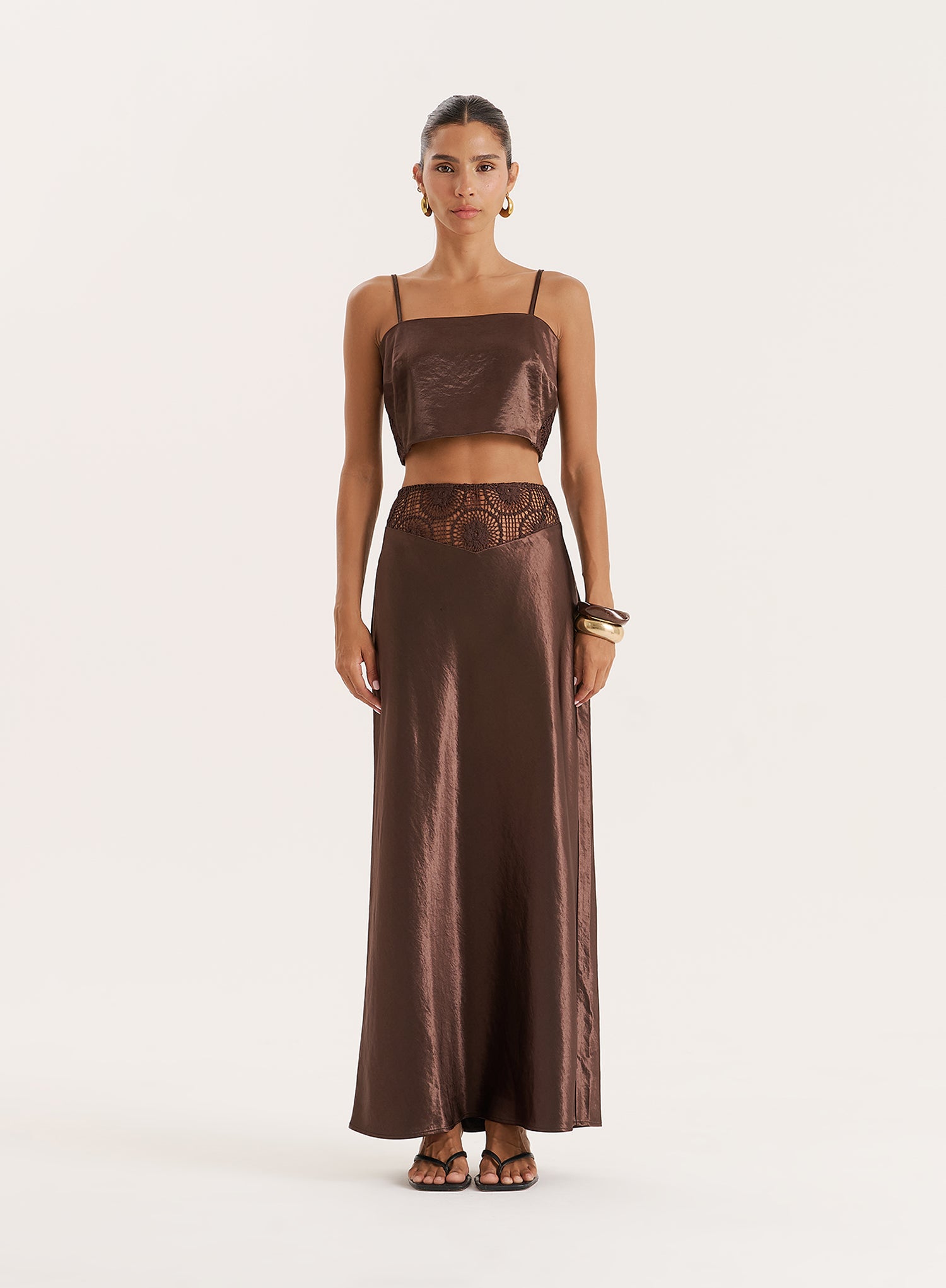 Chocolate Satin Crochet Panelled Crop Top